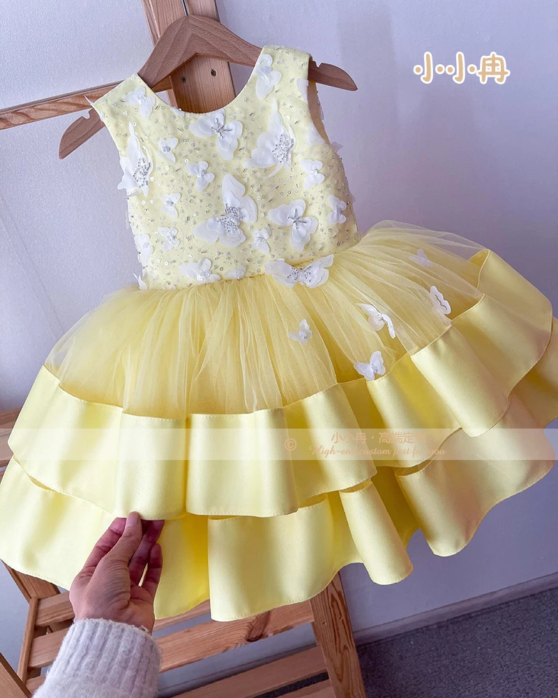 Yellow Appliques Royal Sleeveless Cascading Flower Girl Dresses Skin Girls Pageant Dress First Holy Communion Party Dresses