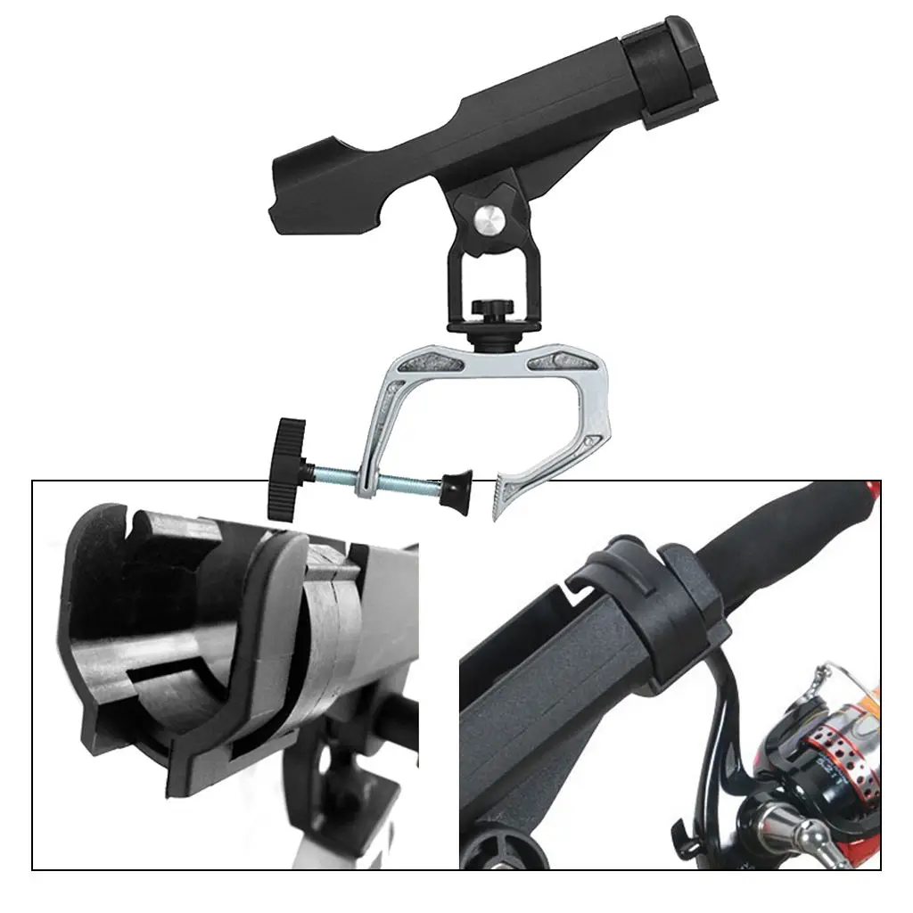

Heavy Duty 360 Degree Adjustable Fishing Rod Holder with Large Clamp Opening Max 1.75 inch, Black Nylon