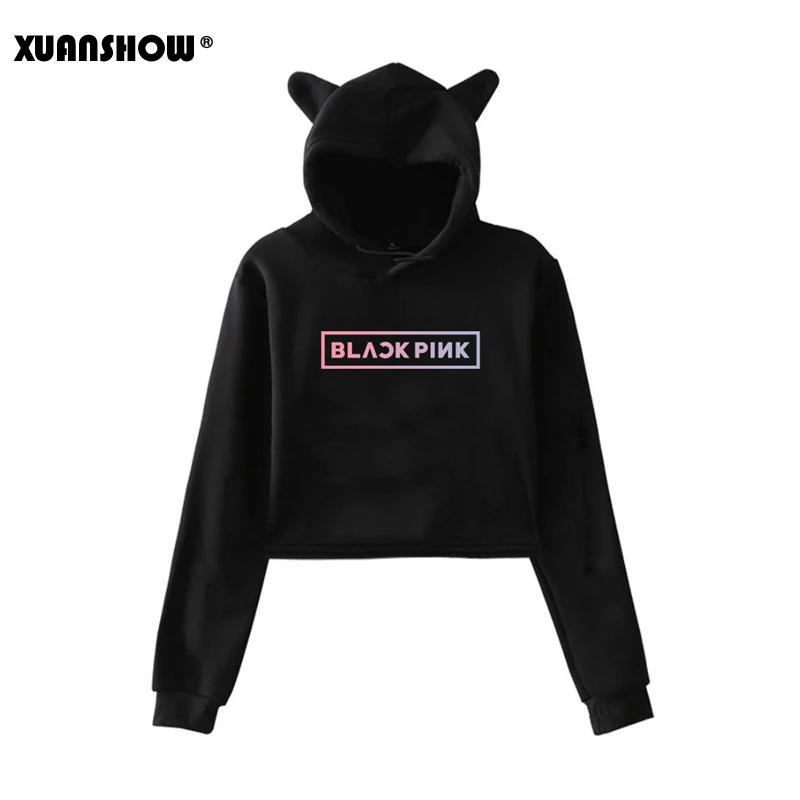 XUANSHOW сексуальный короткий Милый Толстовки женские Толстовки Длинный рукав BlackPink Kpop одежда Толстовка с капюшоном
