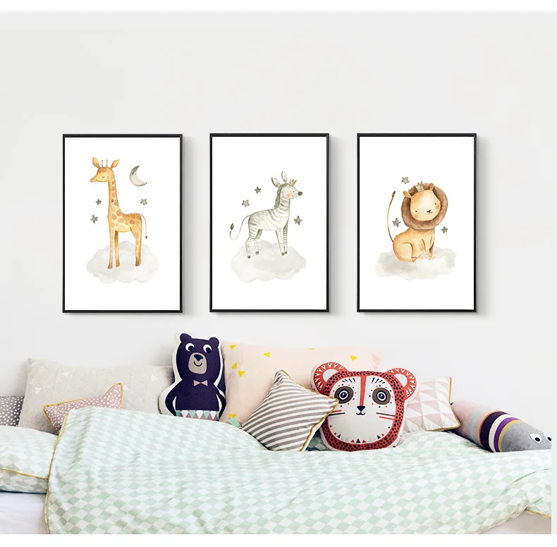 

Nordic Cartoon Animal Lion Elephant Mural Children's Room Painting Living Room Home Decoration Painting White Yellow
