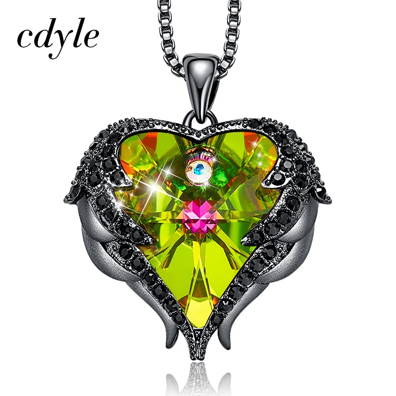 Cdyle готическое черное крыло Ангела Сверкающее красное сердце кристалл от Swarovski Подвеска Ожерелье для Хэллоуина ювелирные изделия подарок - Окраска металла: Olive P0902L