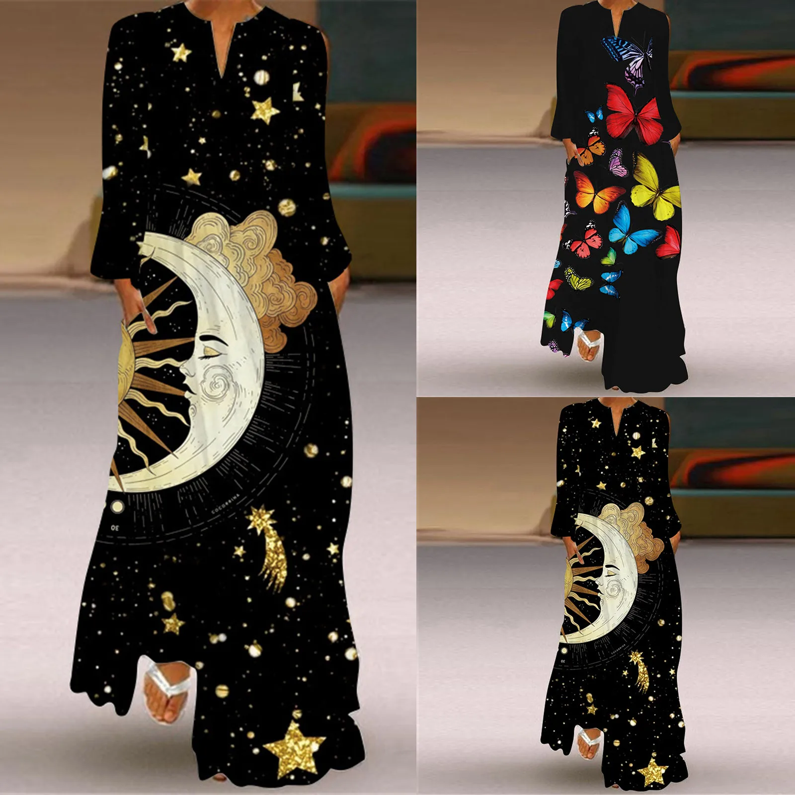

55# 2021 Autumn Print Women Long Sleeve V-neck Loose Maxi Dress For Women Beach Streetwear Long Sundress Vestido De Mujer