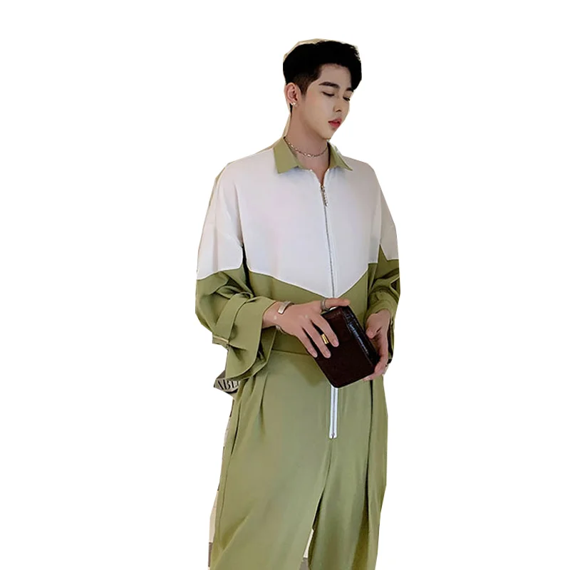 Men's jumpsuit jumpsuit fashion Japanese and Korean stitching belt half sleeve street clothing casual overalls overalls ankle le