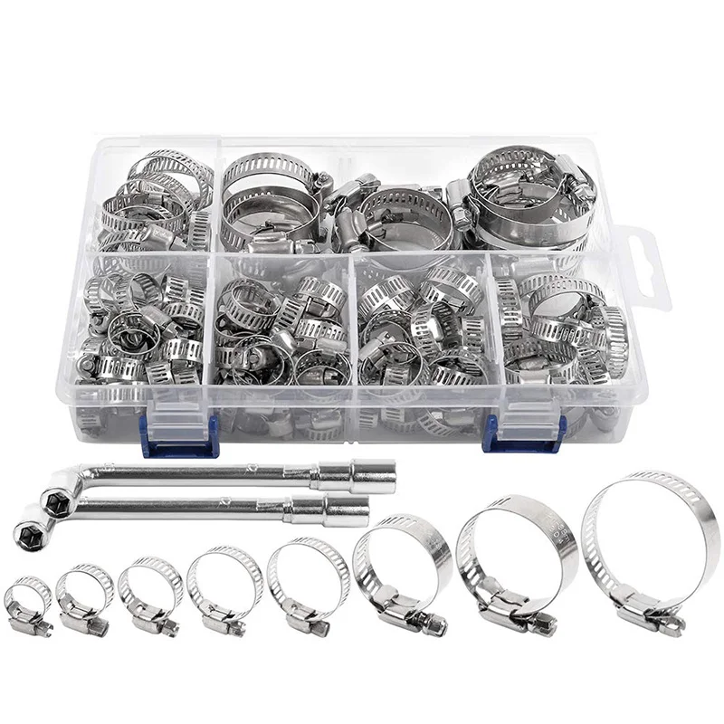 

Hose Clamp Stainless Steel Assortment Adjustable Range(6-51mm), 304 Stainless Steel Hose Clamp with 2Pcs Socket Wrench