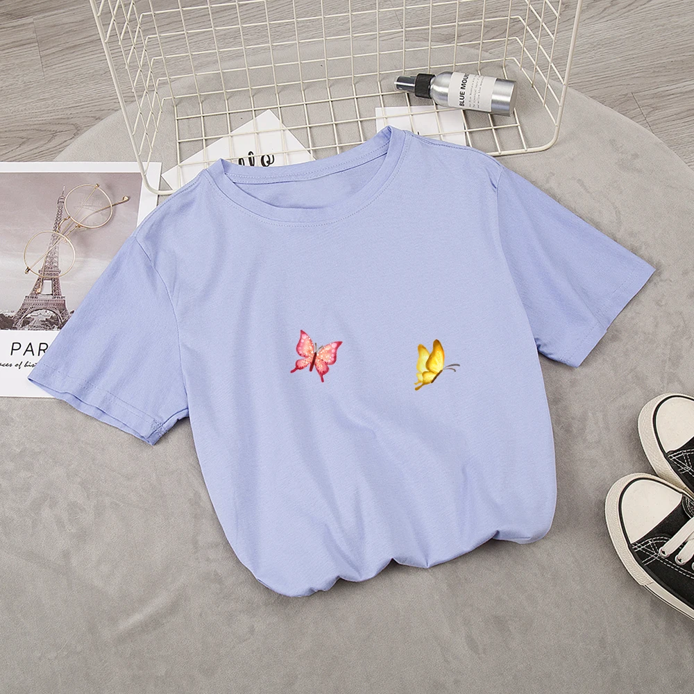 

Sweet Cute Butterfly Women Cotton T-shirt Aesthetic Kpop Clothes Top Female Round Neck Short Sleeve Ladies Tshirt Camiseta Mujer