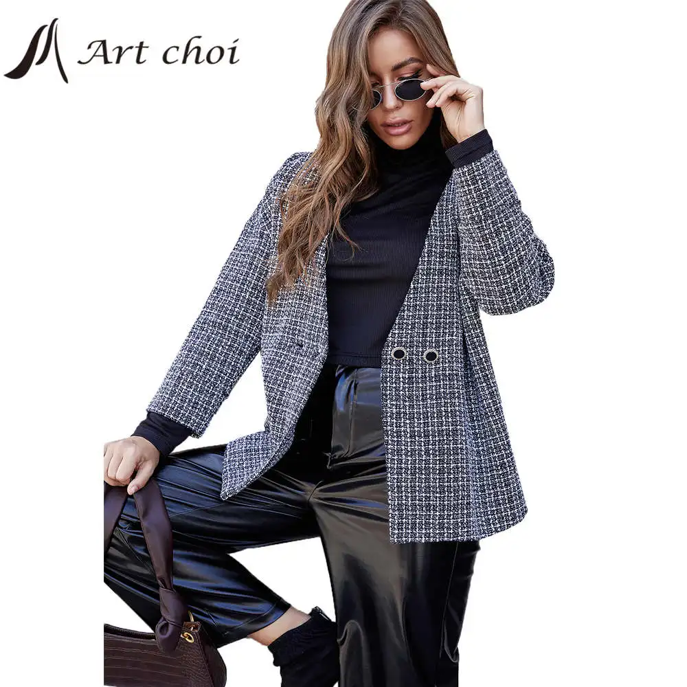 

Luxupious Blazer Women Plaid Checked Jackets Work Office Long Loose Female Knitted Woollen Coats Outerwear Vintage Overcoat