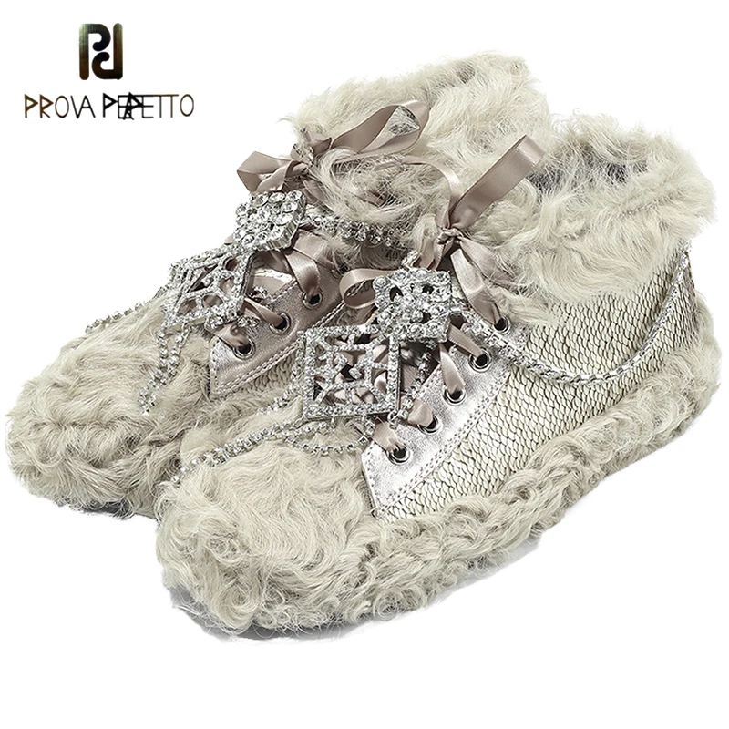 

2021 Autumn and Winter New Lamb Hair Leather Stitching Rhinestone Chain Ribbon Cross Straps To Keep Warm and Fluffy Shoes