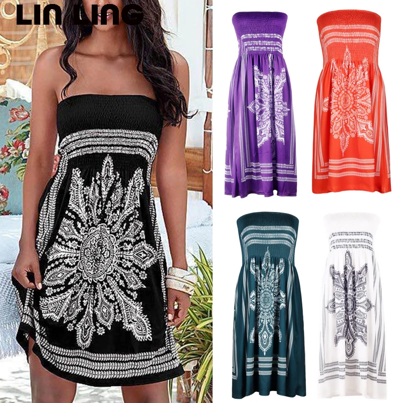 

LINLING, летнее сексуальное платье, женское платье с открытыми плечами и принтом без бретелек, длинное платье с запахом на груди, женское повсед...