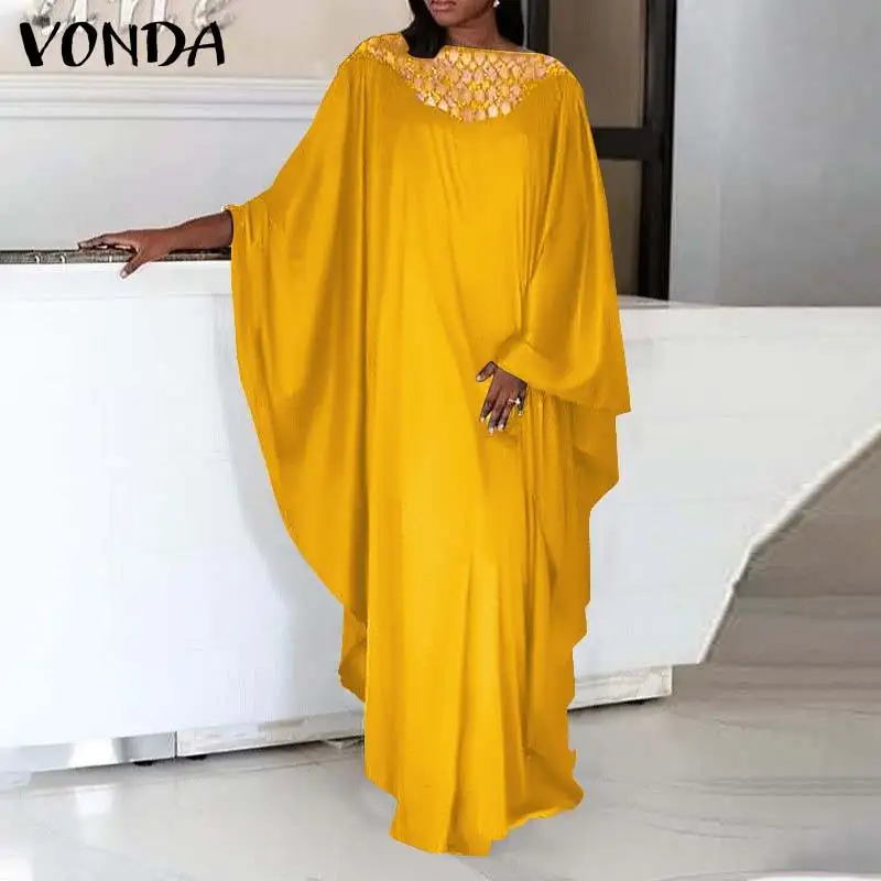 

Women Kaftan Dress Summer Sundress 2021 VONDA Vintage Lace Patchwork Dress Holiday Robe Femme Bohemian Vestidos Oversized
