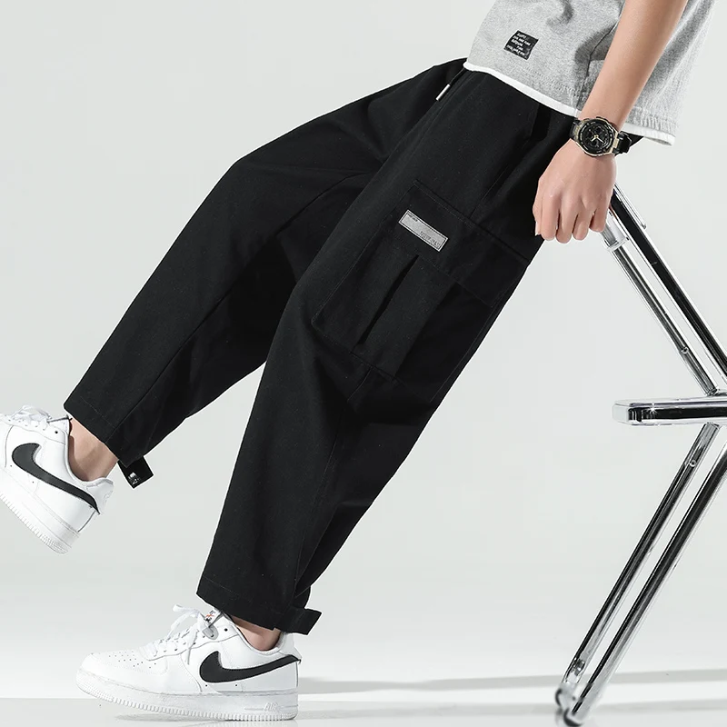 Autumn Men'S Cargo Pants Loose Wide Leg Casual Trousers For Men Black Khaki Drawstring School Male Clothes Streetwear Z176