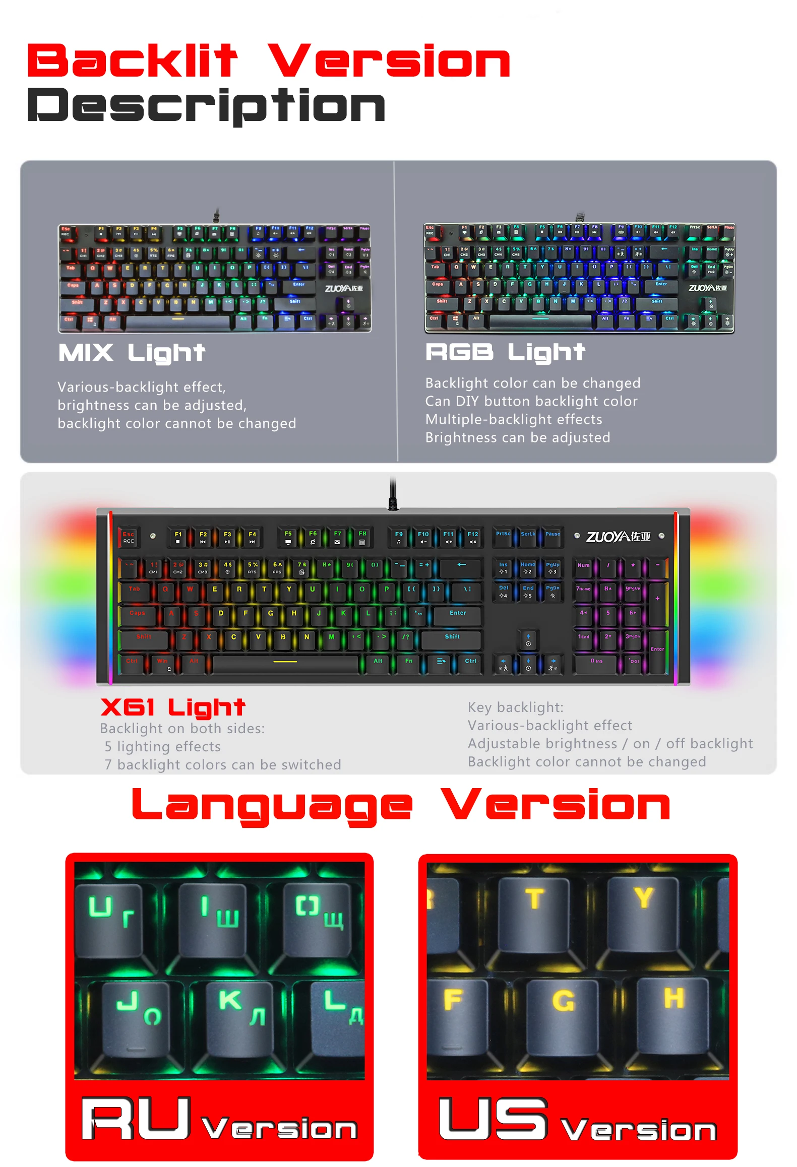 

Game Mechanical Keyboard LED Backlit Anti-ghosting Blue/Red/Black Switch wired gaming Keyboard Russian/English for laptop