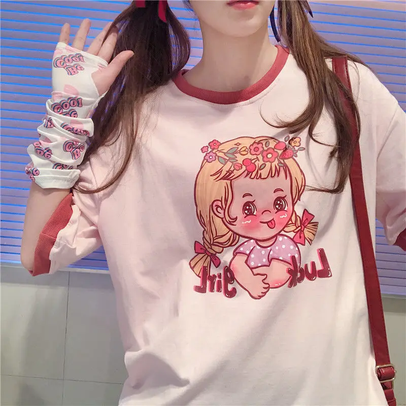 

Summer Short-sleeved Female Japanese Cute Cartoon Girl Printing Loose Contrast Color T-shirt Student Top Tide woman tshirts