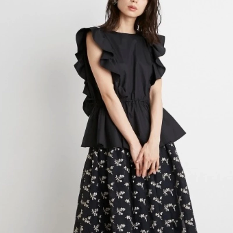 

Женская кружевная блузка с оборками и рукавом-фонариком, летняя однотонная Элегантная блузка в японском стиле, 2021