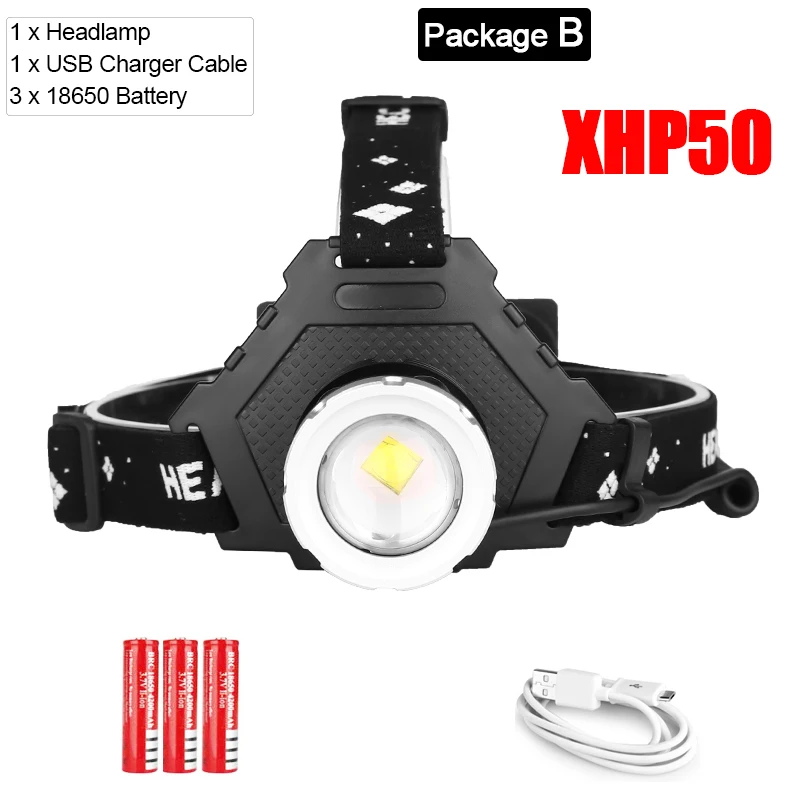 Package B 8000лм XHP70.2 USB Перезаряжаемый светодиодный налобный фонарь XHP70 супер яркий налобный фонарь XHP50 для охоты, велоспорта, рыбалки, использования 3x18650 - Испускаемый цвет: Package B