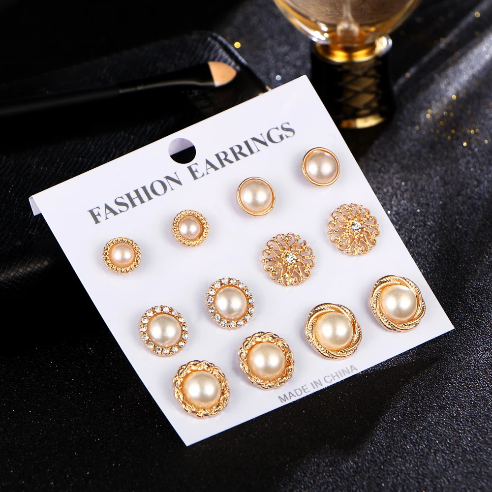 

IF ME 6Pairs/set Round Crystal Stud Earrings Sets Women Female Simulated Pearl Flower Ear Studs Party Wedding Gift Gold Color
