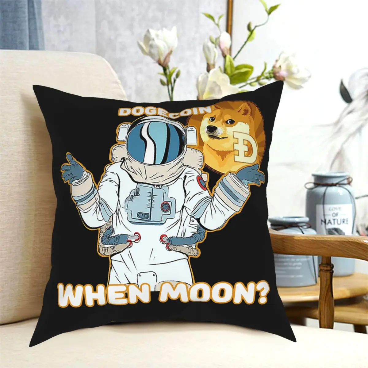 

Funny Dogecoin Doge When Moon Space Man Square Pillow Case Cushions for Sofa Customized Cushion Covers