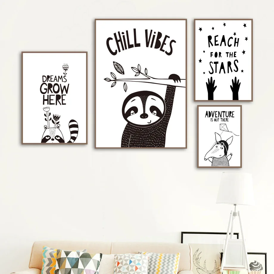 Мультфильм Китти Ленивец енот скандинавские плакаты и принты Черно Белая