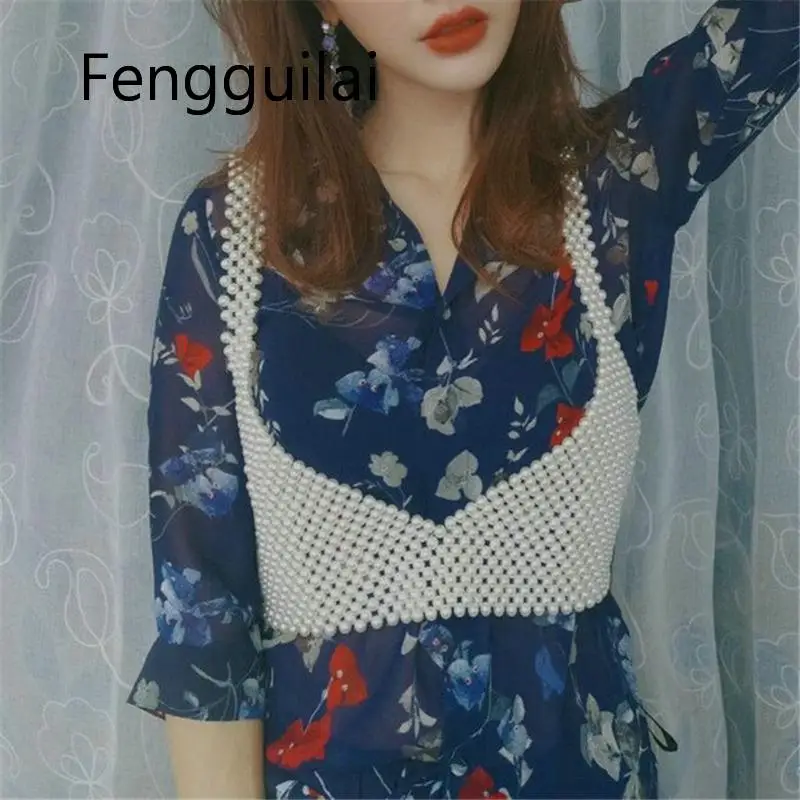 

FENGGUILAI Women Ladies Festival Pearl Crop Tops Metal Body Chain Sexy Club Party Summer Beach Sling Bra Top Vest White Black