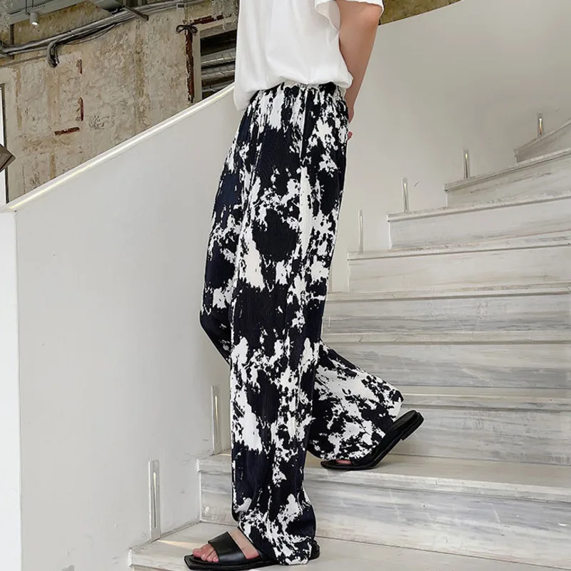 

IEEB Summer 2021 New Wrinkle Tie Dye Print Elastic Waist Men's Straight Trousers Korean Streetwear Fashion Wide Leg Pants 9Y7241