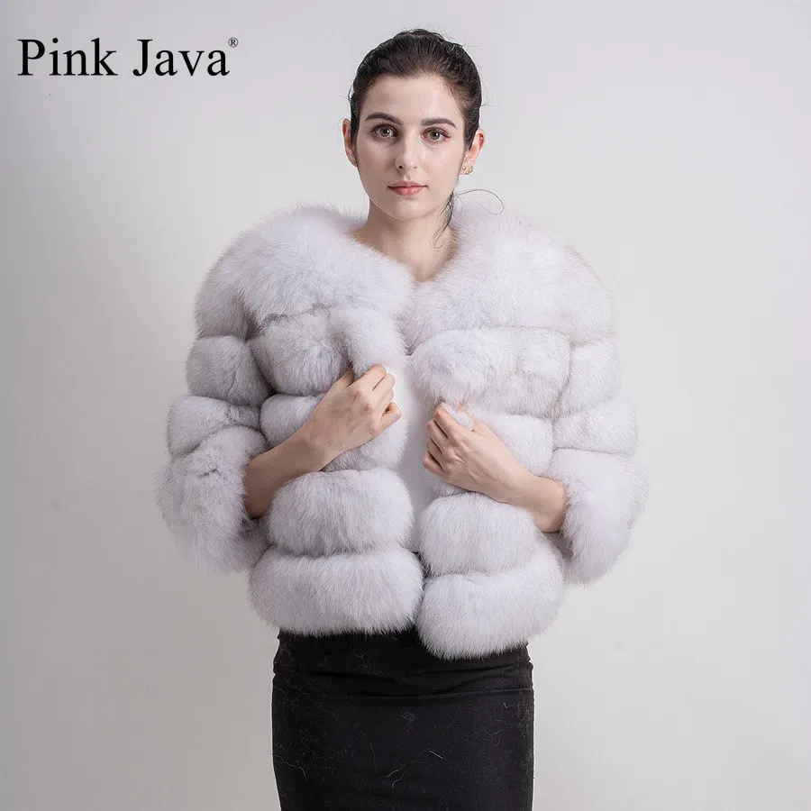 Розовая Java QC1801 шуба из натурального Лисьего меха женская зимняя Толстая Меховая куртка короткая шуба натуральный Лисий короткий рукав