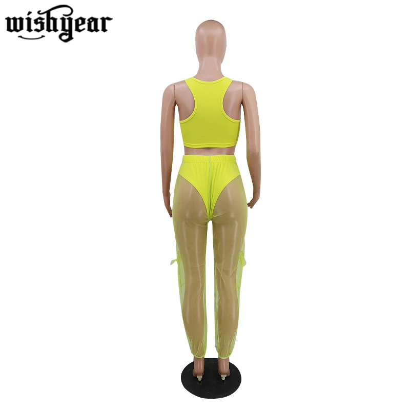 

Women Sporty Fitness Tracksuit Summer Casual Two Piece Set Vest Crop Top +Pockets Sheer Mesh Pants Fashion Home Suit
