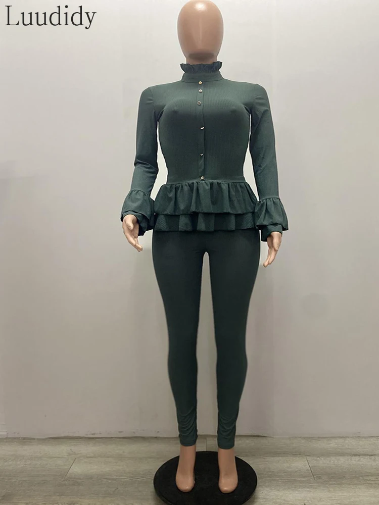 

Women 2 Piece Set Casual Ruffles Long Sleeve Turtleneck Tops Pencil Pants Sets Autumn Winter Slim Solid Fashion Outfits