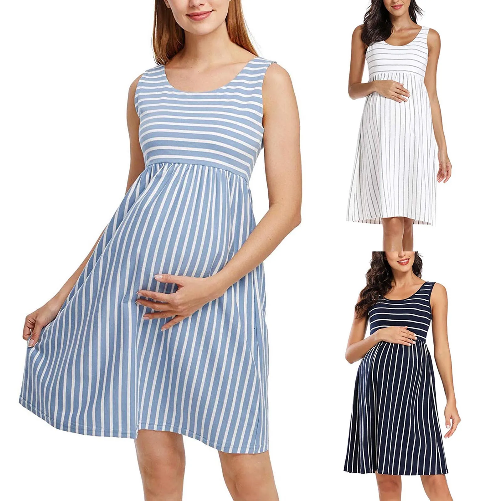

Summer Marernity Dresses Pregnants Woman O-Neck Stripe Sleeveless Pregnant Pregnancy Nursing Dress robes de maternité