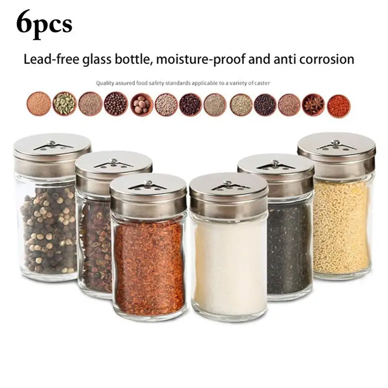 

3/6pcs Stainless Steel Lid Condiment Pot Seasoning Bottle Glass Kitchen Supplies And Materials Saltcellar Rotational Regulation