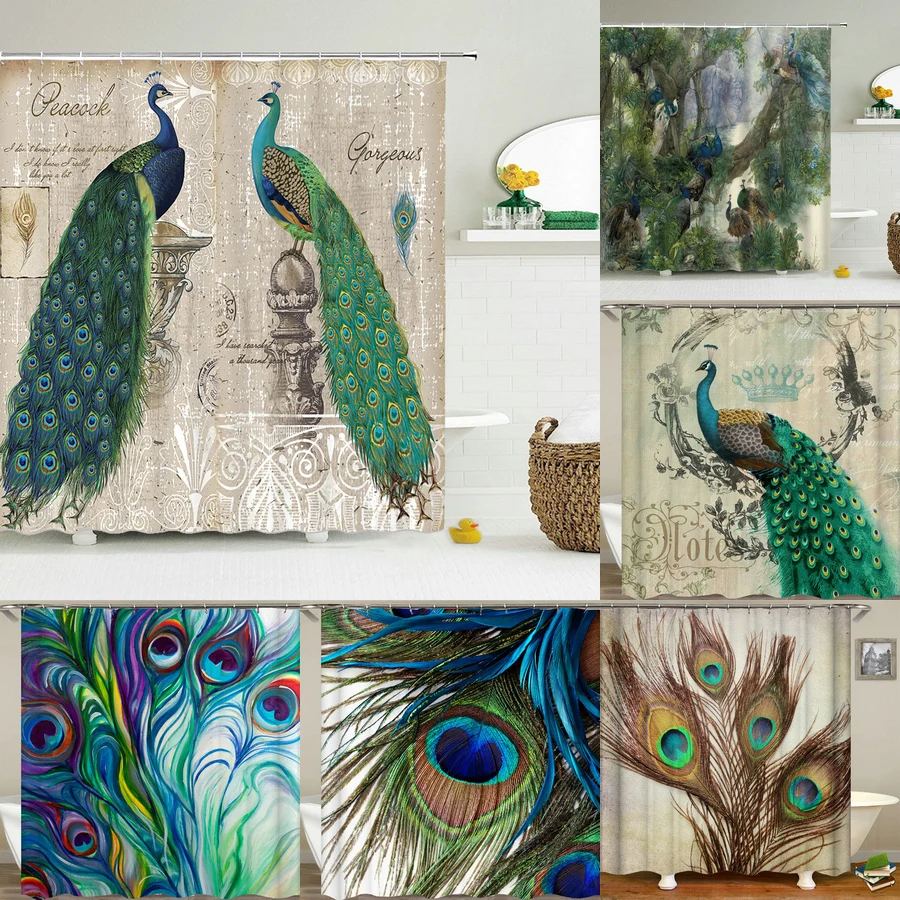 

Peacocks Shower Curtains Chinese Birds Feather Bathroom Curtains 3d Retro Flower Waterproof Polyester Bath Screen With Hooks