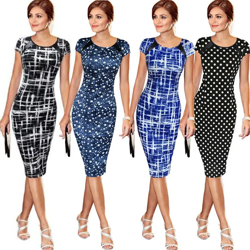 

Elegant Women Dresses Bodycon Office Formal Business Work Party Sheath Tunic Pencil Midi O-neck Short Sleeves Dress