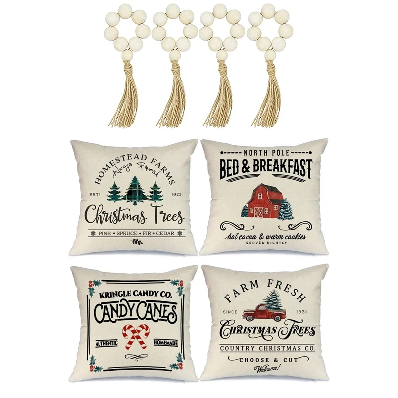 

4 Pcs Farm Tree Red Truck Throw Pillows Farmhouse Christmas Decor & 4 Pcs Wooden Bead Antique Farmhouse Napkin Ring