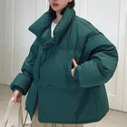 Женская куртка-пуховик с воротником-стойкой, однотонная черная или белая свободная короткая парка большого размера в Корейском стиле, зима 2021