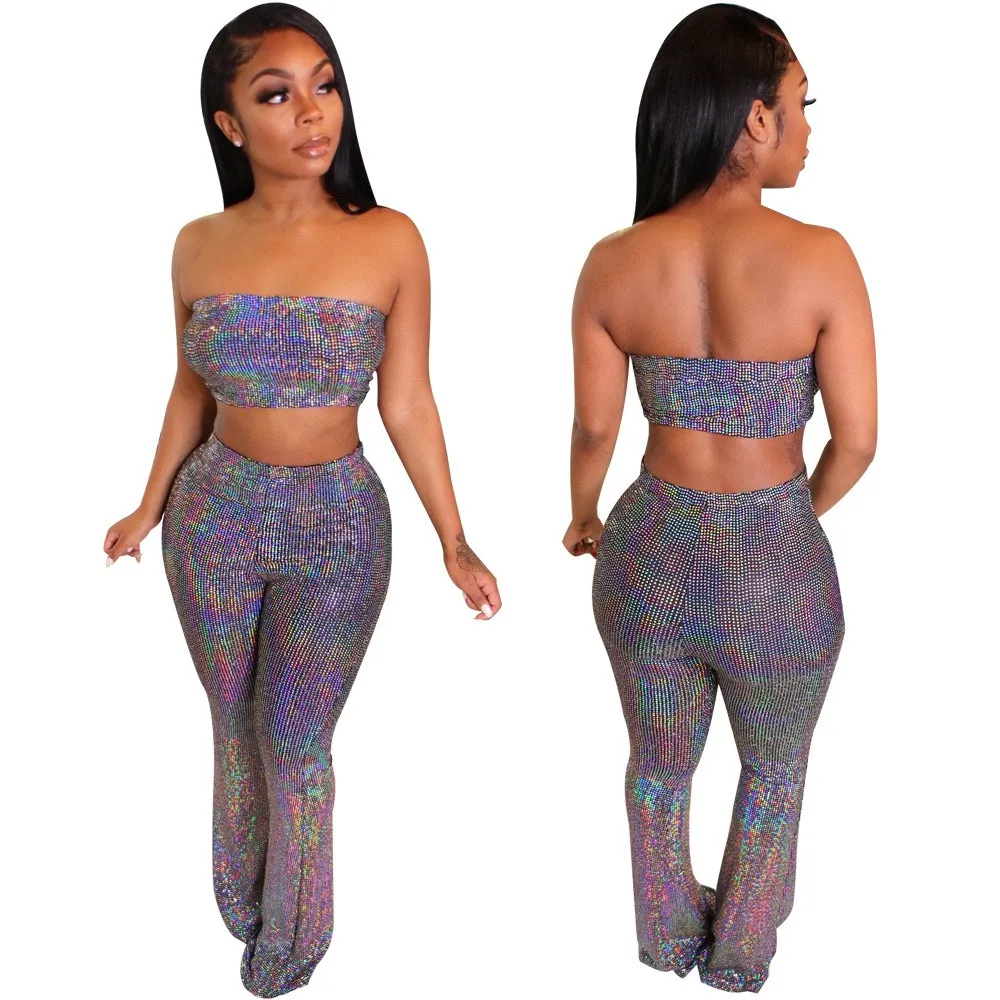 Сексуальный Серебряный Блестящий Комбинезон из двух частей Однотонный женский