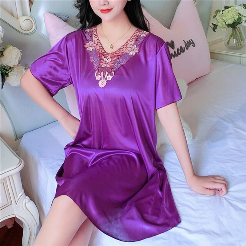 

Lace Patchwork Ice Silk Satin Night Dress Smooth Nightwear Sexy Women Sleepwear Summer Short Sleeve Nightgown Vestidos