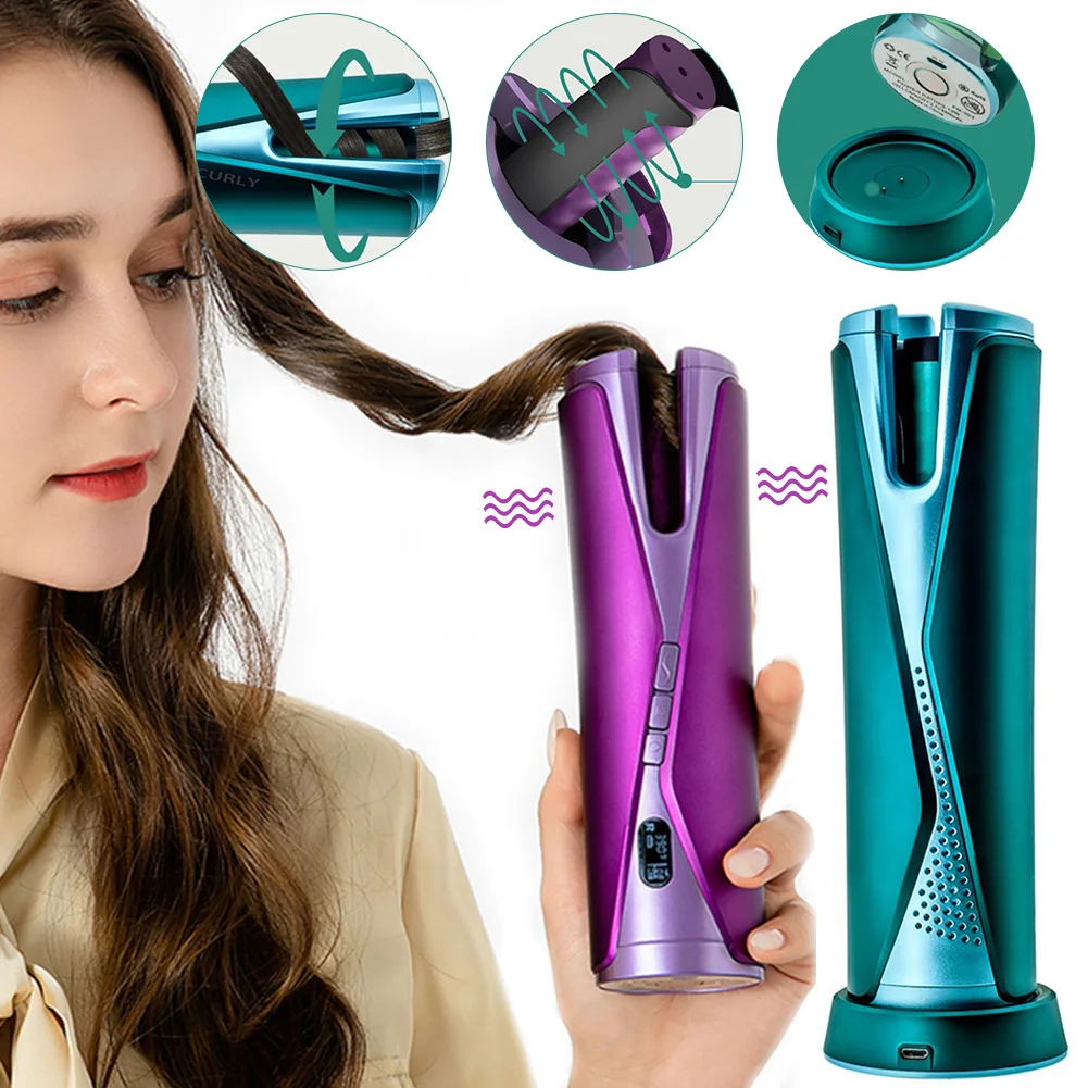 

Cordless Automatic Hair Curler USB Rechargeable Curling Iron Curls Waves LCD Display Curly Rotating Curling Wave Styer