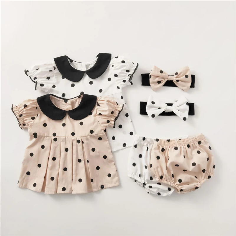 

Baby cute suits girls Summer princess Doll collar short sleeve polka dot top Bread pants shorts Bow Headband set 3pcs