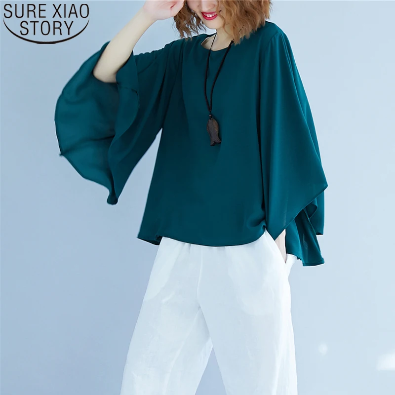 

2022 Summer Solid Fashion Korean Tops Cotton and Linen Loose Blouses Women Female Irregular Flare Sleeves Clothes Blouse 9426