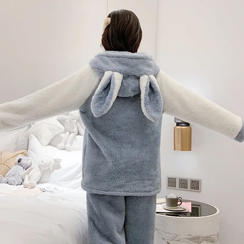 Сезон осень зима Женская плюшевая Пижама с капюшоном и милыми заячьими ушками