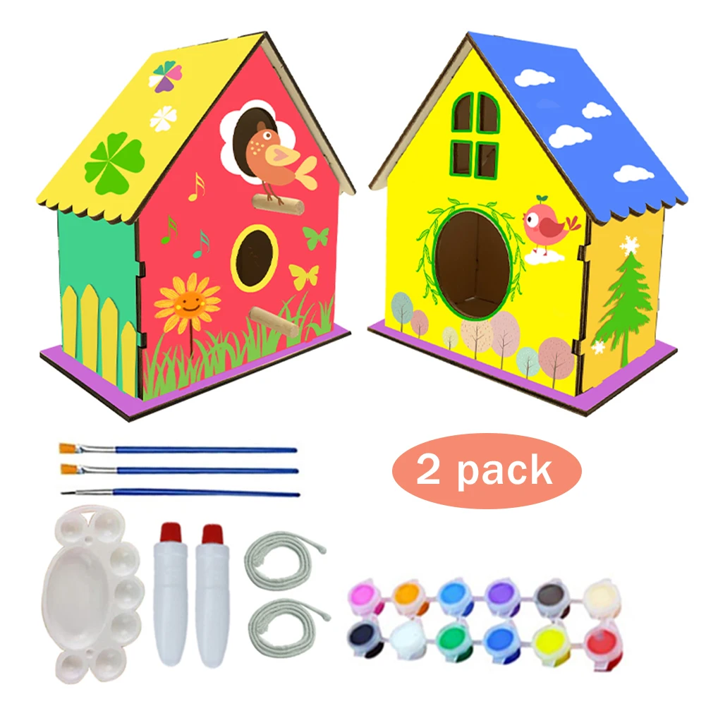 

2PCS DIY Bird House Kit Painting Puzzle Bird House Art Craft Wood Toys For Children Bird Cage Pet Products