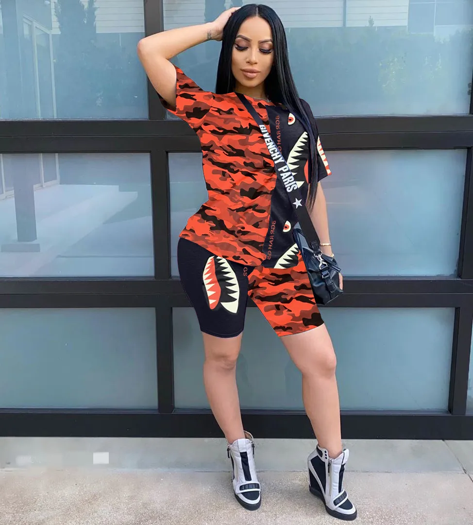 Женский Повседневный костюм из 2 предметов камуфляжная свободная футболка с