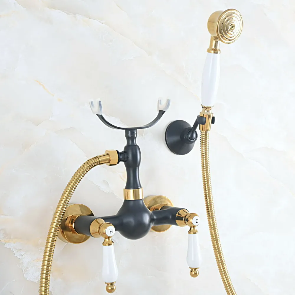 

Настенный смеситель для ванны с черным масляным покрытием и полированным золотым латунным покрытием, со шлангом диаметром 150 см, смеситель ...