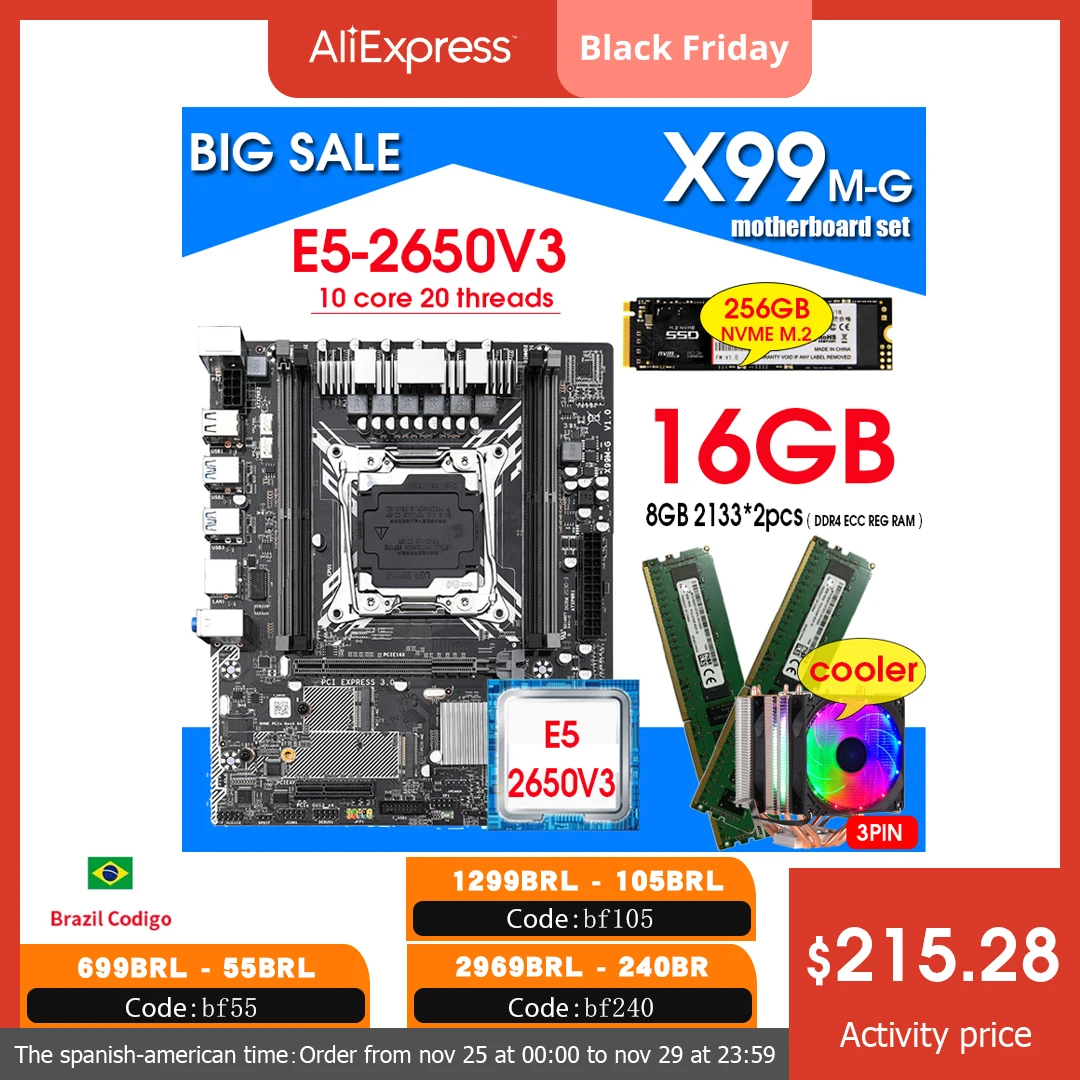 

JINGSHA X99 M-G motherboard set with Xeon E5 2650V3 LGA2011-3 CPU 2pcs X 8GB =16GB RMA DDR4 memory 256GB NVME M.2 SSD and cooler