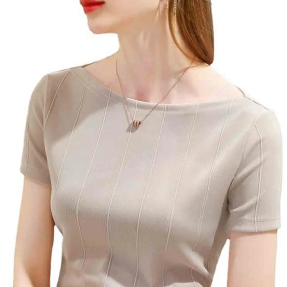 

Cultiseed European Women Summer New Ice Silk Solid Color Striped Short Sleeve Basic T-Shirts Tops Female Sweet Slash Neck Tees