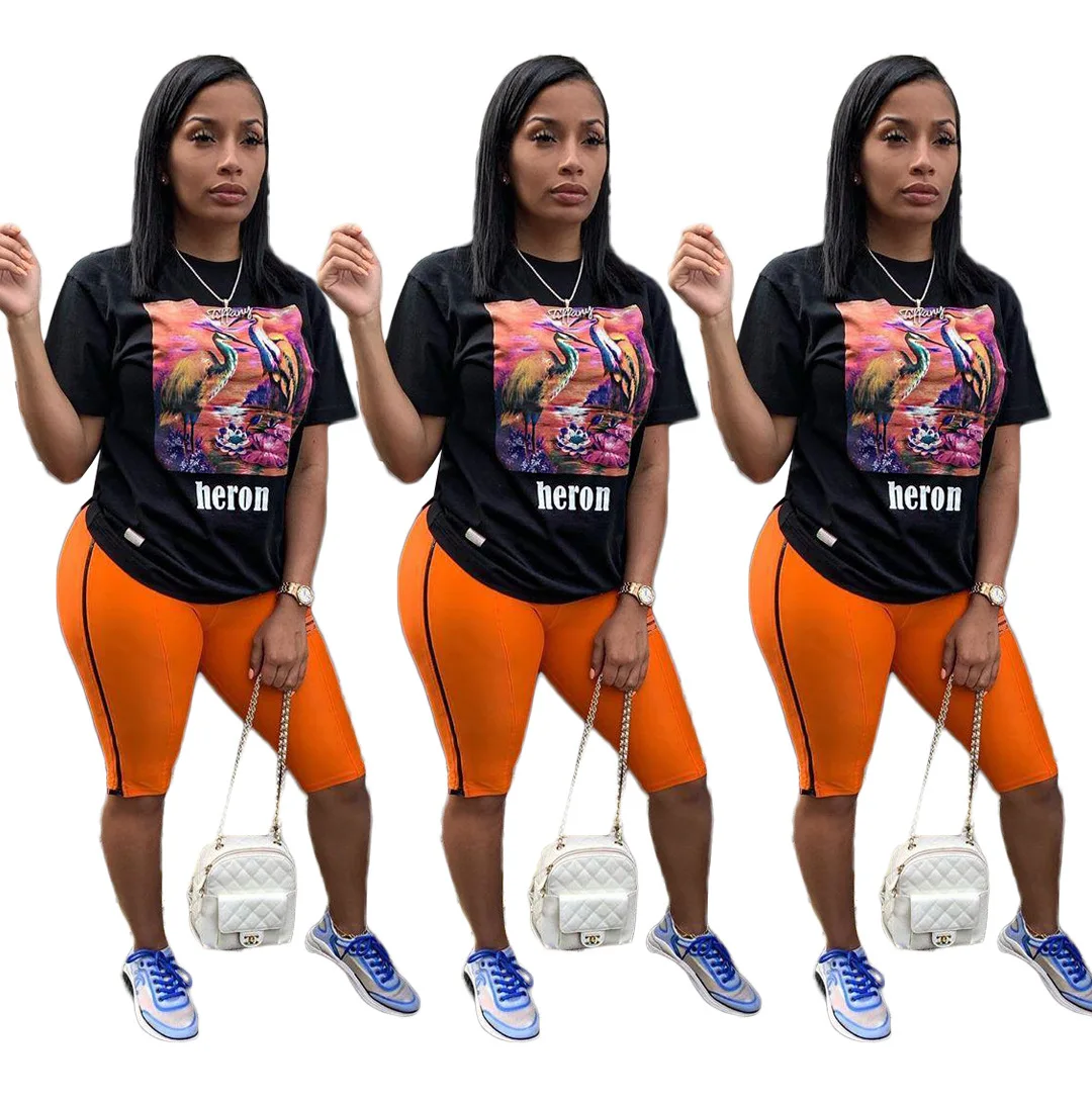 2019 Женский Летний новый костюм из двух предметов: черная футболка с принтом