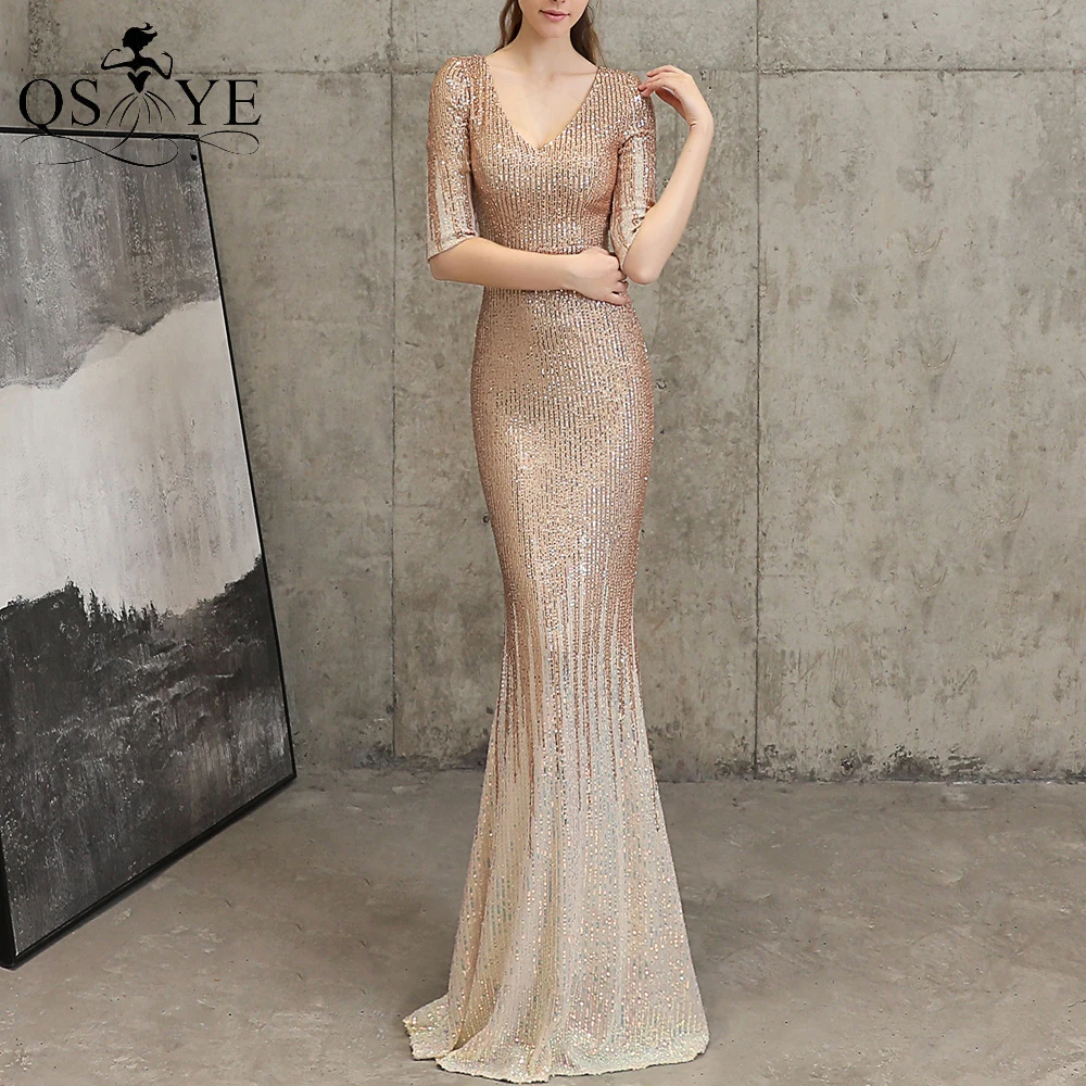 

Fading Gold Prom Dresses Sequin V Neck Evening Gown Long Sleeves Girl Party Dress Zipper up Golden Women Formal Gown Vestido