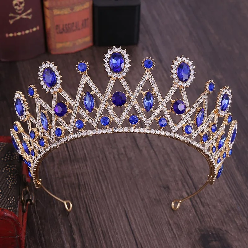 FORSEVEN Gold Blue Red Crystal Rhinestone Diadem Queen Princess Tiara and Crowns Bridal Bride Wedding Hair Jewelry Headbands | Украшения и