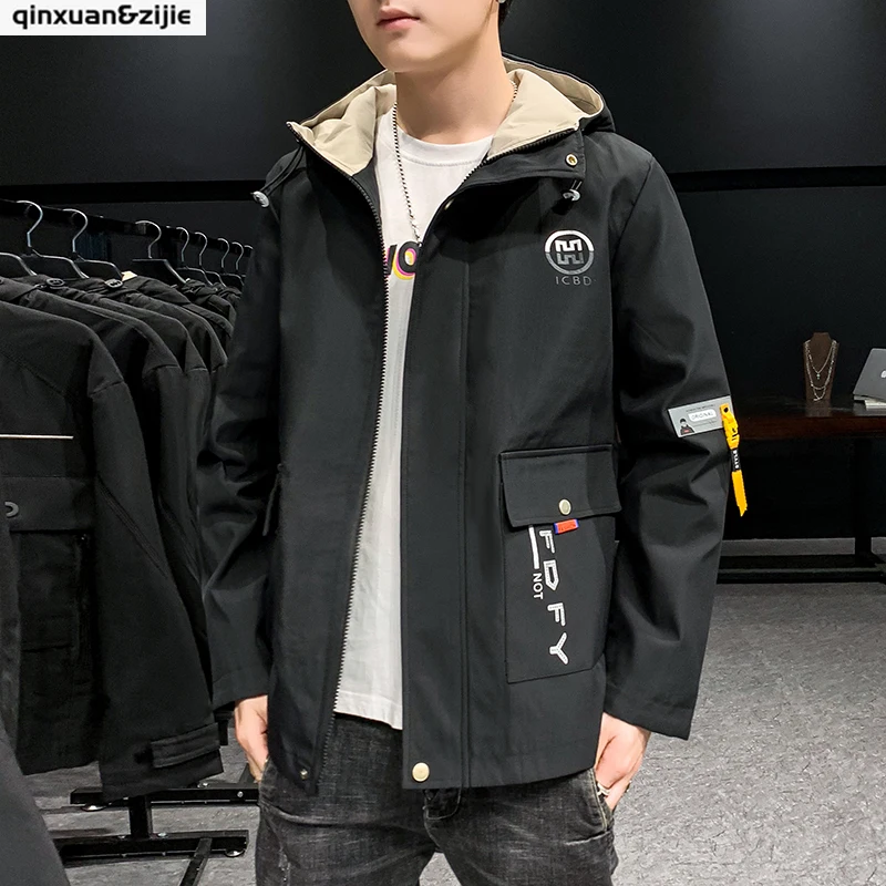 Мужская куртка с капюшоном и принтом повседневная большого размера