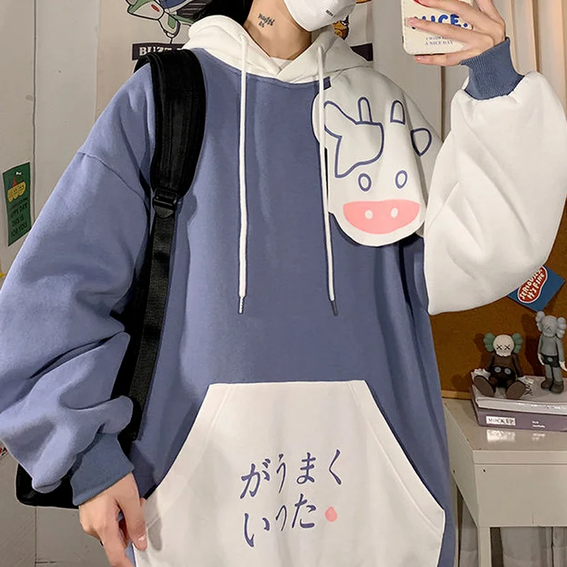 

Women Autumn Patchwork Japanese Style Dairy Cow Cute Graphic Sweatshirt Hoodies Female Loose Casual All-match Hooded Pullover