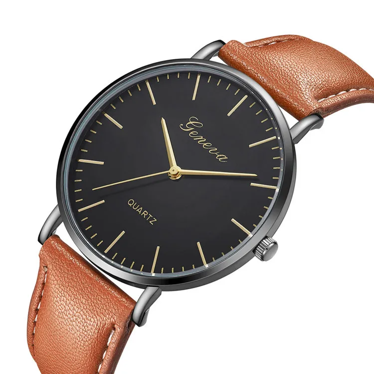 Модные простые мужские часы коричневые кварцевые наручные с кожаным ремешком