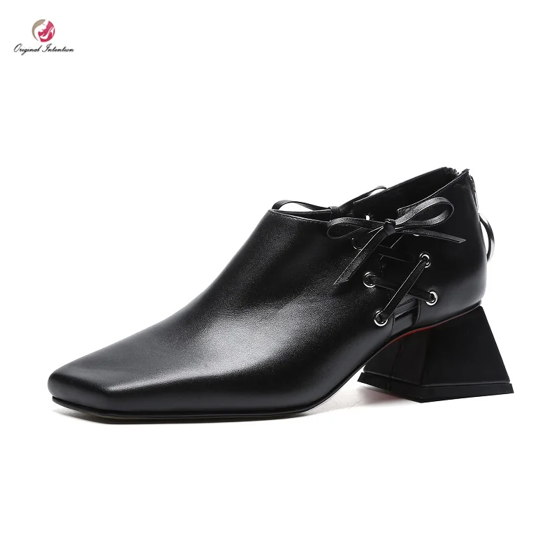 Beli Asli Niat Fashion Kulit Asli Sepatu Wanita Renda Hitam Putih Sipke Sepatu Hak Tinggi Kualitas Square Toe Sepatu Wanita Mature